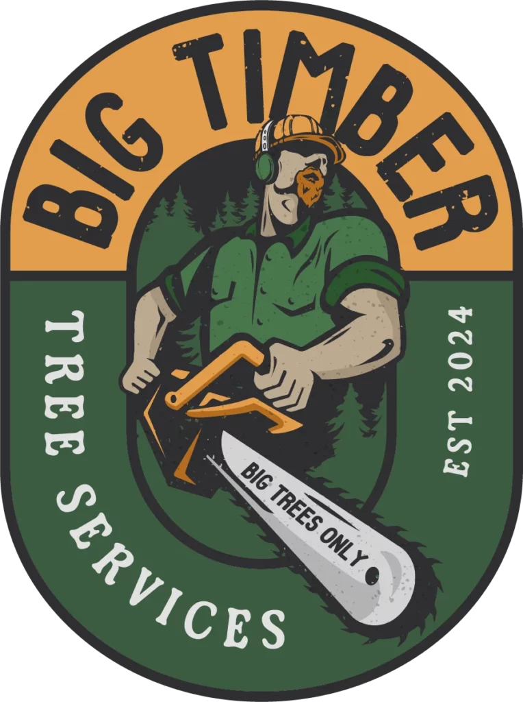 Logo for “Big Timber Tree Services.” It shows a lumberjack in green with a chainsaw labeled “Big Trees Only,” surrounded by trees. Text reads “Big Timber Tree Services” and “Est 2024.”.