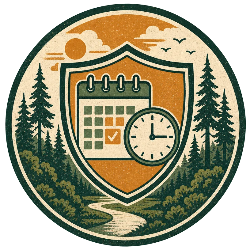 A shield with a calendar and clock over a nature scene with trees, a river, and birds, symbolizing time management and planning in an outdoor setting.